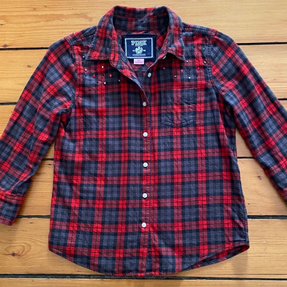 ❤️ Victoria's Secret Pink Tartan Plaid Holiday Bling Flannel Shirt Top Small EUC